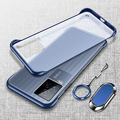 Transparent Crystal Frameless Hard Case Back Cover with Magnetic Finger Ring Stand for Vivo iQOO 7 Legend 5G Blue