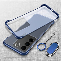 Transparent Crystal Frameless Hard Case Back Cover with Magnetic Finger Ring Stand for Vivo V27 5G Blue