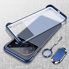 Transparent Crystal Frameless Hard Case Back Cover with Magnetic Finger Ring Stand for Vivo X Note Blue