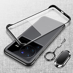 Transparent Crystal Frameless Hard Case Back Cover with Magnetic Finger Ring Stand for Vivo X80 Pro 5G Black