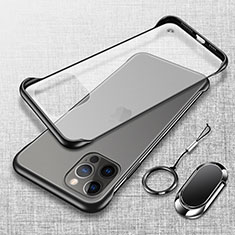 Transparent Crystal Hard Case Back Cover with Magnetic Finger Ring Stand for Apple iPhone 15 Pro Max Black