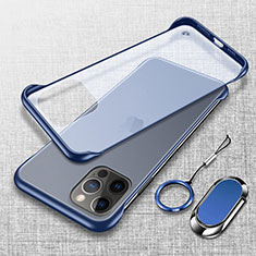 Transparent Crystal Hard Case Back Cover with Magnetic Finger Ring Stand for Apple iPhone 15 Pro Max Blue