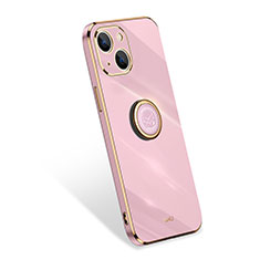 Ultra-thin Silicone Gel Soft Case Cover with Finger Ring Stand for Apple iPhone 15 Plus Rose Gold