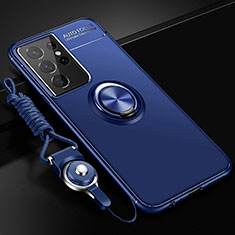 Ultra-thin Silicone Gel Soft Case Cover with Magnetic Finger Ring Stand A02 for Samsung Galaxy S22 Ultra 5G Blue