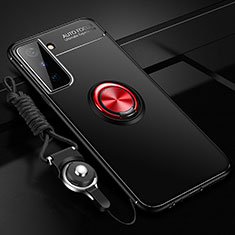 Ultra-thin Silicone Gel Soft Case Cover with Magnetic Finger Ring Stand A05 for Samsung Galaxy S21 Plus 5G Red and Black