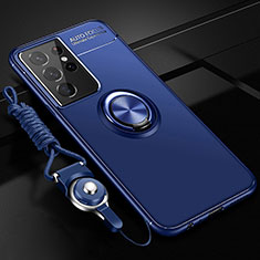 Ultra-thin Silicone Gel Soft Case Cover with Magnetic Finger Ring Stand A05 for Samsung Galaxy S23 Ultra 5G Blue