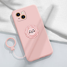 Ultra-thin Silicone Gel Soft Case Cover with Magnetic Finger Ring Stand A06 for Apple iPhone 15 Pink