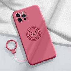 Ultra-thin Silicone Gel Soft Case Cover with Magnetic Finger Ring Stand A06 for Apple iPhone 15 Pro Max Red