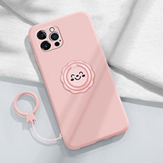 Ultra-thin Silicone Gel Soft Case Cover with Magnetic Finger Ring Stand A06 for Apple iPhone 15 Pro Pink