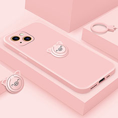 Ultra-thin Silicone Gel Soft Case Cover with Magnetic Finger Ring Stand A07 for Apple iPhone 15 Plus Rose Gold