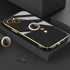 Ultra-thin Silicone Gel Soft Case Cover with Magnetic Finger Ring Stand A08 for Apple iPhone 15 Black