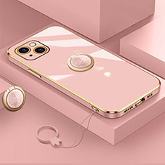 Ultra-thin Silicone Gel Soft Case Cover with Magnetic Finger Ring Stand A08 for Apple iPhone 15 Rose Gold