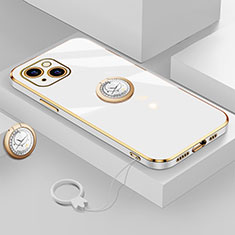 Ultra-thin Silicone Gel Soft Case Cover with Magnetic Finger Ring Stand A08 for Apple iPhone 15 White