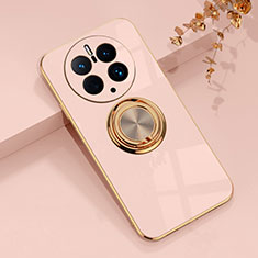 Ultra-thin Silicone Gel Soft Case Cover with Magnetic Finger Ring Stand AN1 for Huawei Mate 50 Pro Rose Gold