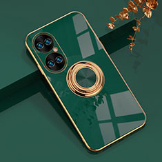 Ultra-thin Silicone Gel Soft Case Cover with Magnetic Finger Ring Stand AN1 for Huawei P50 Green