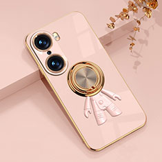 Ultra-thin Silicone Gel Soft Case Cover with Magnetic Finger Ring Stand AN2 for Huawei Honor 60 Pro 5G Rose Gold