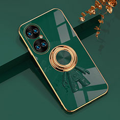 Ultra-thin Silicone Gel Soft Case Cover with Magnetic Finger Ring Stand AN2 for Huawei P50 Pro Green