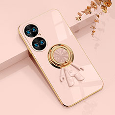 Ultra-thin Silicone Gel Soft Case Cover with Magnetic Finger Ring Stand AN2 for Huawei P50 Rose Gold