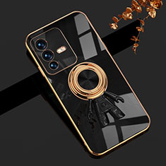 Ultra-thin Silicone Gel Soft Case Cover with Magnetic Finger Ring Stand AN2 for Vivo V23 5G Black