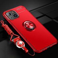 Ultra-thin Silicone Gel Soft Case Cover with Magnetic Finger Ring Stand for Apple iPhone 15 Plus Red