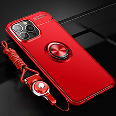 Ultra-thin Silicone Gel Soft Case Cover with Magnetic Finger Ring Stand for Apple iPhone 15 Pro Red