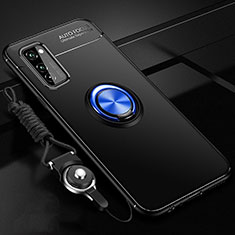 Ultra-thin Silicone Gel Soft Case Cover with Magnetic Finger Ring Stand for Huawei Honor View 30 5G Blue and Black