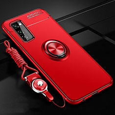 Ultra-thin Silicone Gel Soft Case Cover with Magnetic Finger Ring Stand for Huawei Honor View 30 5G Red