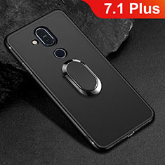 Ultra-thin Silicone Gel Soft Case Cover with Magnetic Finger Ring Stand for Nokia 7.1 Plus Black