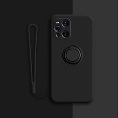 Ultra-thin Silicone Gel Soft Case Cover with Magnetic Finger Ring Stand for Oppo Find X3 5G Black