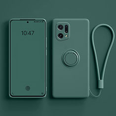 Ultra-thin Silicone Gel Soft Case Cover with Magnetic Finger Ring Stand for Oppo Find X5 5G Midnight Green