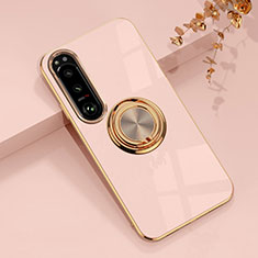 Ultra-thin Silicone Gel Soft Case Cover with Magnetic Finger Ring Stand for Sony Xperia 1 IV Pink