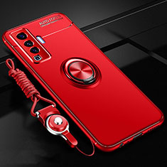 Ultra-thin Silicone Gel Soft Case Cover with Magnetic Finger Ring Stand for Vivo X50 5G Red