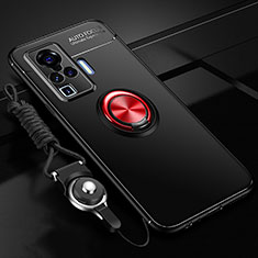 Ultra-thin Silicone Gel Soft Case Cover with Magnetic Finger Ring Stand for Vivo X51 5G Red and Black