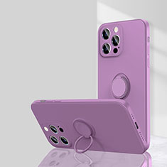 Ultra-thin Silicone Gel Soft Case Cover with Magnetic Finger Ring Stand G01 for Apple iPhone 15 Pro Purple