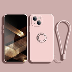 Ultra-thin Silicone Gel Soft Case Cover with Magnetic Finger Ring Stand G02 for Apple iPhone 15 Rose Gold