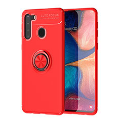 Ultra-thin Silicone Gel Soft Case Cover with Magnetic Finger Ring Stand JM1 for Samsung Galaxy A21 Red