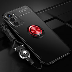 Ultra-thin Silicone Gel Soft Case Cover with Magnetic Finger Ring Stand JM3 for Oppo A56 5G Red and Black