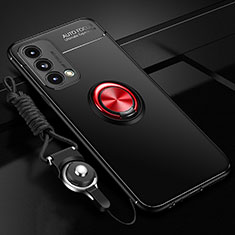 Ultra-thin Silicone Gel Soft Case Cover with Magnetic Finger Ring Stand JM3 for Oppo A93 5G Red and Black