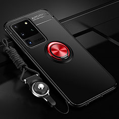 Ultra-thin Silicone Gel Soft Case Cover with Magnetic Finger Ring Stand JM3 for Samsung Galaxy S20 Ultra 5G Red and Black