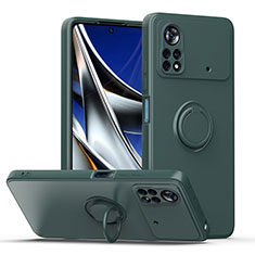 Ultra-thin Silicone Gel Soft Case Cover with Magnetic Finger Ring Stand QW1 for Xiaomi Poco X4 Pro 5G Midnight Green