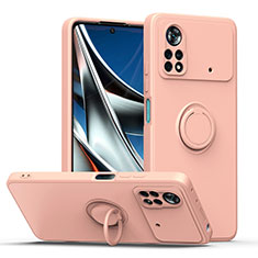 Ultra-thin Silicone Gel Soft Case Cover with Magnetic Finger Ring Stand QW1 for Xiaomi Poco X4 Pro 5G Pink