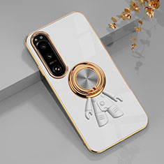 Ultra-thin Silicone Gel Soft Case Cover with Magnetic Finger Ring Stand S01 for Sony Xperia 1 IV White