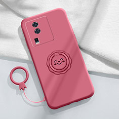 Ultra-thin Silicone Gel Soft Case Cover with Magnetic Finger Ring Stand S01 for Vivo iQOO Neo7 SE Hot Pink