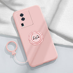 Ultra-thin Silicone Gel Soft Case Cover with Magnetic Finger Ring Stand S01 for Vivo iQOO Neo7 SE Pink