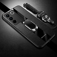 Ultra-thin Silicone Gel Soft Case Cover with Magnetic Finger Ring Stand S01 for Vivo V27 5G Black