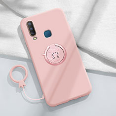 Ultra-thin Silicone Gel Soft Case Cover with Magnetic Finger Ring Stand S01 for Vivo Y12 Pink