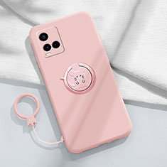 Ultra-thin Silicone Gel Soft Case Cover with Magnetic Finger Ring Stand S01 for Vivo Y21G Pink