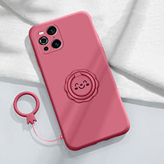 Ultra-thin Silicone Gel Soft Case Cover with Magnetic Finger Ring Stand S02 for Oppo Find X3 Pro 5G Hot Pink