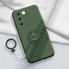 Ultra-thin Silicone Gel Soft Case Cover with Magnetic Finger Ring Stand S02 for Vivo V27 5G Midnight Green