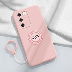 Ultra-thin Silicone Gel Soft Case Cover with Magnetic Finger Ring Stand S02 for Vivo V27 5G Pink